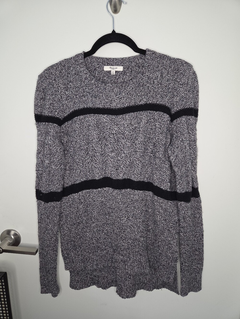 Madewell Women's Medium Marled Gray & Black Striped Cable Knit Pullover Sweater
